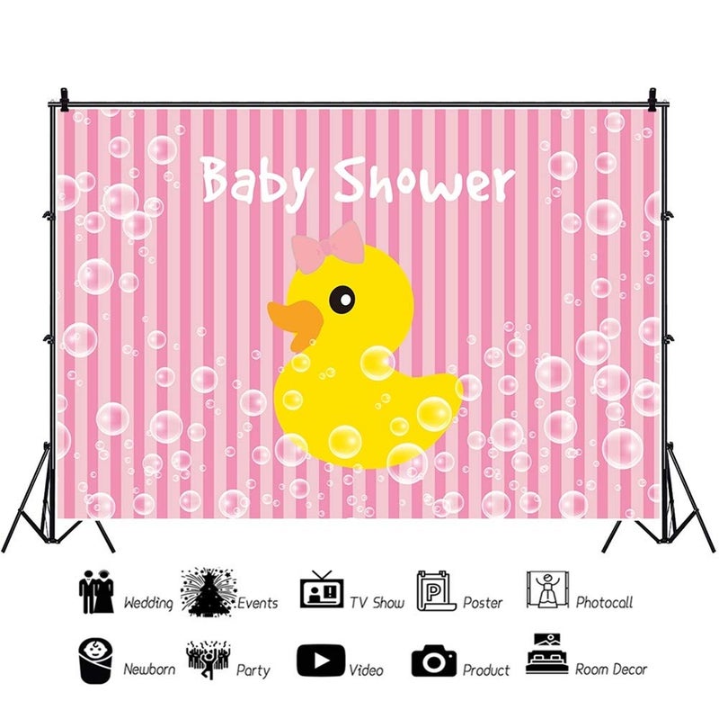 DORCEV 6x4ft Baby Shower Photography Backdrop Yellow Duck Theme Girls Baby Shower Background Cartoon Yellow Duck Pink Stripes Party Banner Girls Kids Baby Shower Photo Studio Props - Image 2